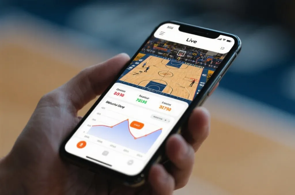 A modern smartphone displaying a generic live basketball game interface with real-time statistics charts