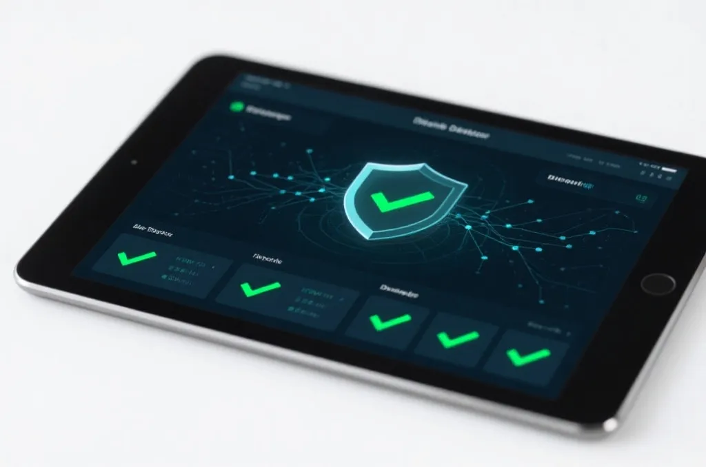 A high-tech tablet screen displaying a network diagnostics dashboard with green checkmarks and a secure shield icon, minimalist interface, modern background