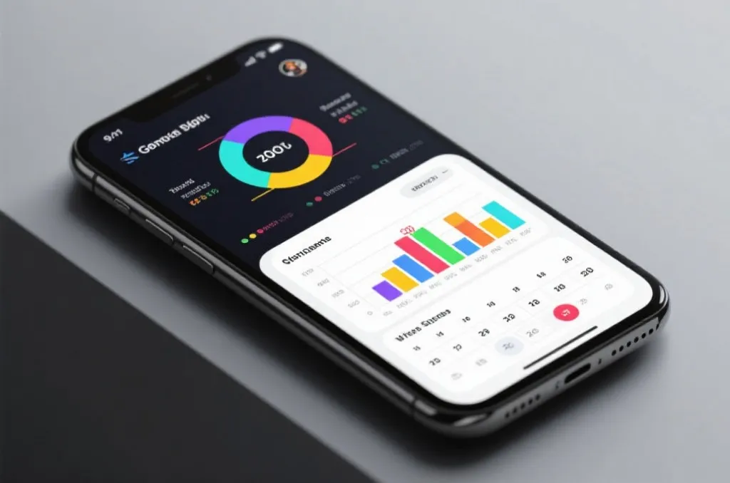 A sleek, modern mobile application interface displaying generic digital sports analytics, colorful charts, and a schedule of virtual athletic events, clean design, no real brand names